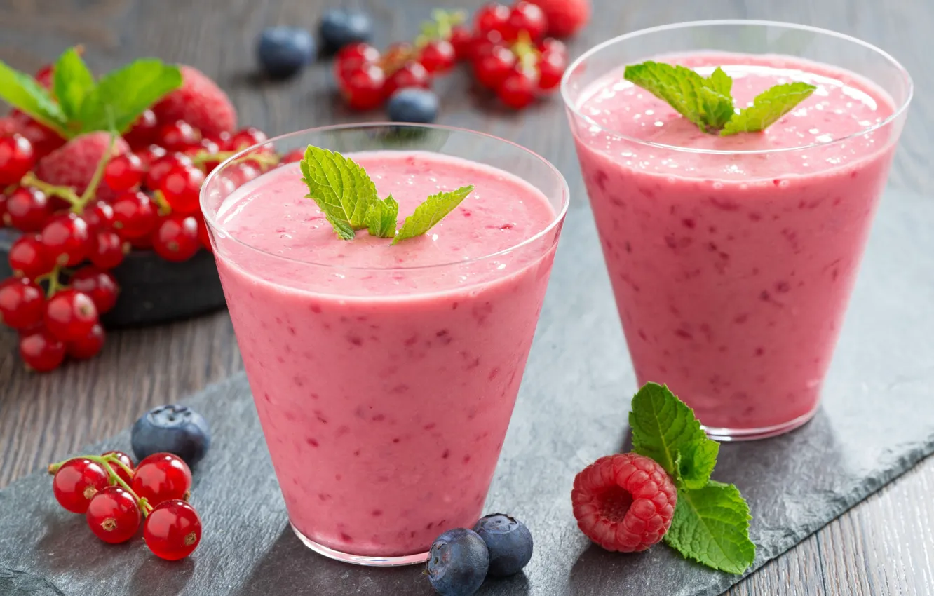 Photo wallpaper berries, raspberry, strawberry, mint, currants, blueberries, smoothies