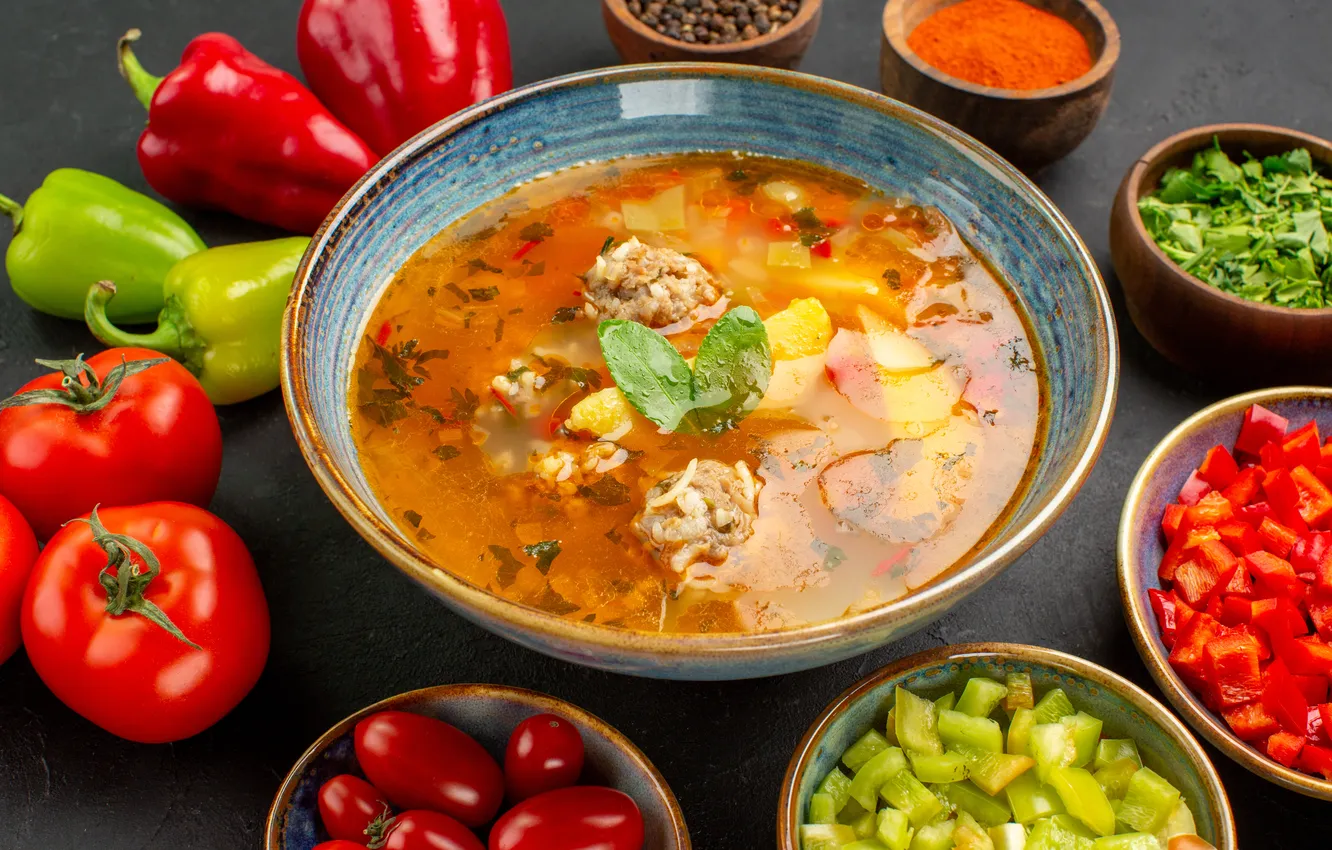 Photo wallpaper fresh, soup, meat, vegetables, tasty