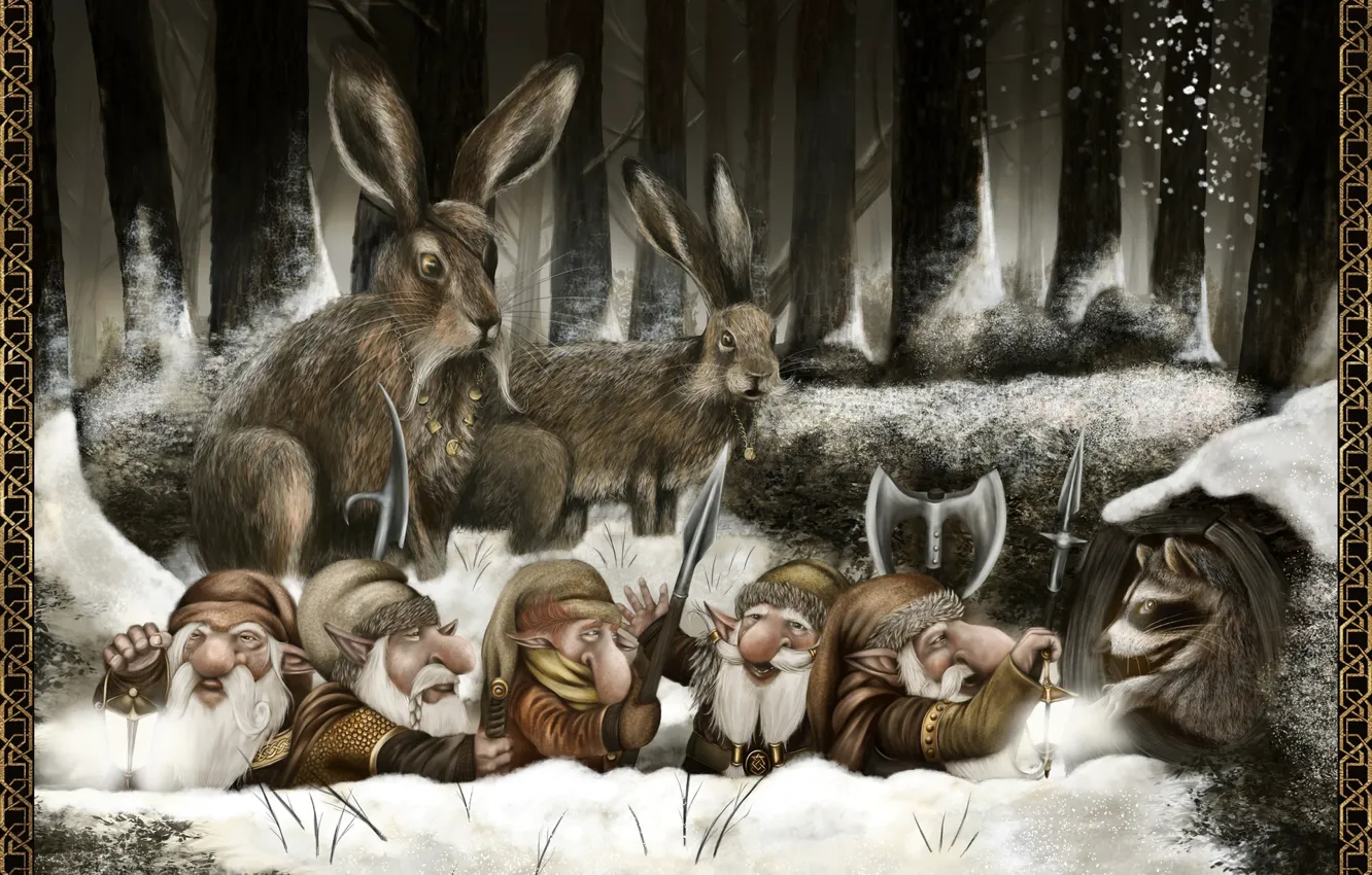 Photo wallpaper hare, raccoon, dwarf, The Comeback Home
