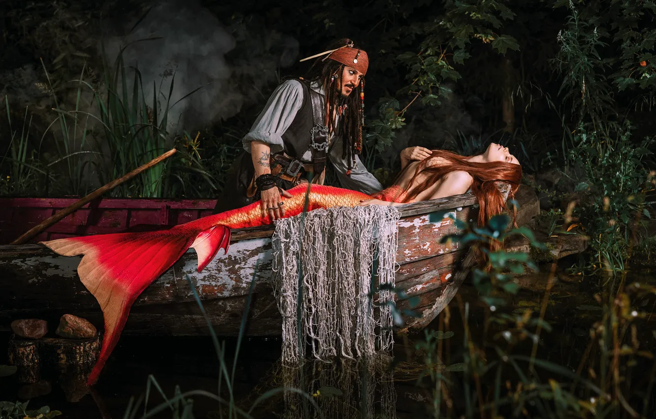 Photo wallpaper girl, boat, mermaid, fantasy, male, Jack Sparrow, Alexandra Savenkova