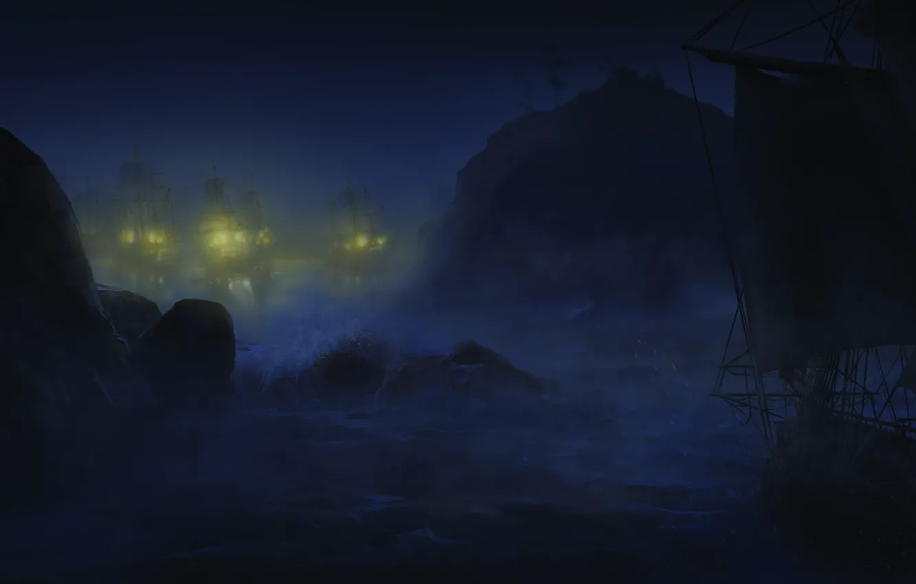 Photo wallpaper sea, wave, night, ships, Assassin's Creed III, Assassin's creed 3