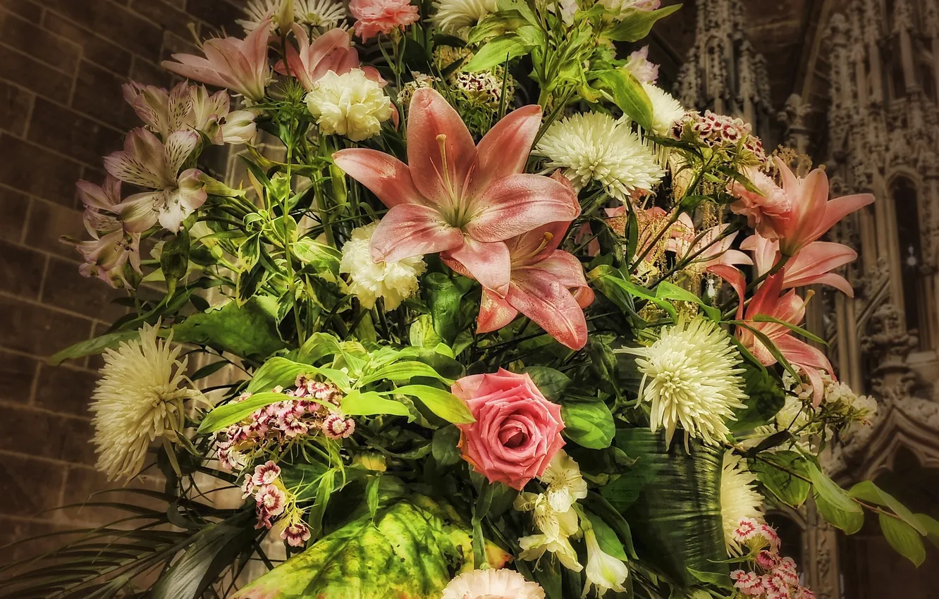 Photo wallpaper roses, bouquet, chrysanthemum, clove