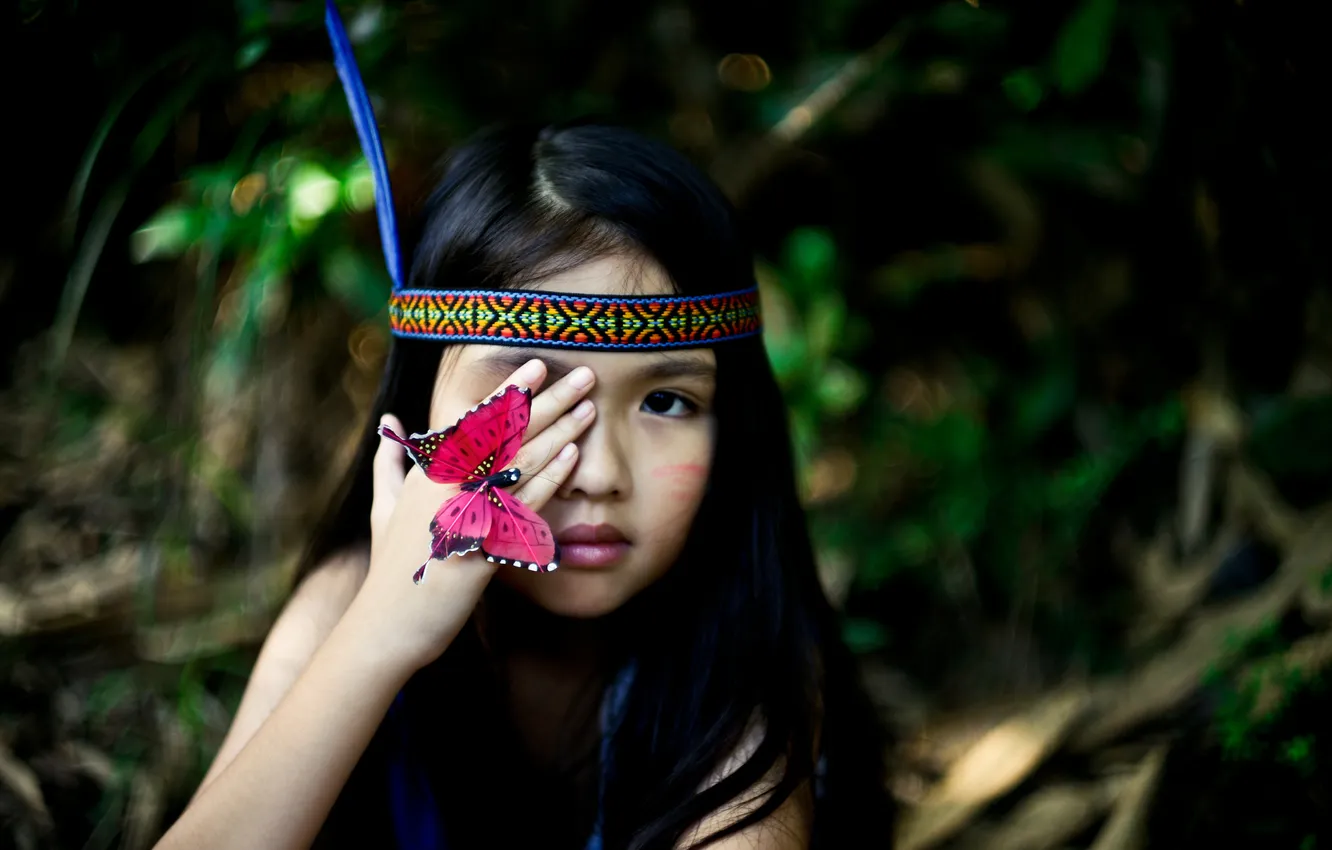 Photo wallpaper children, background, butterfly, feathers, girl