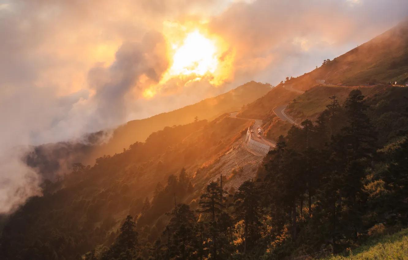 Photo wallpaper road, machine, the sun, clouds, mountains, hills, view, serpentine