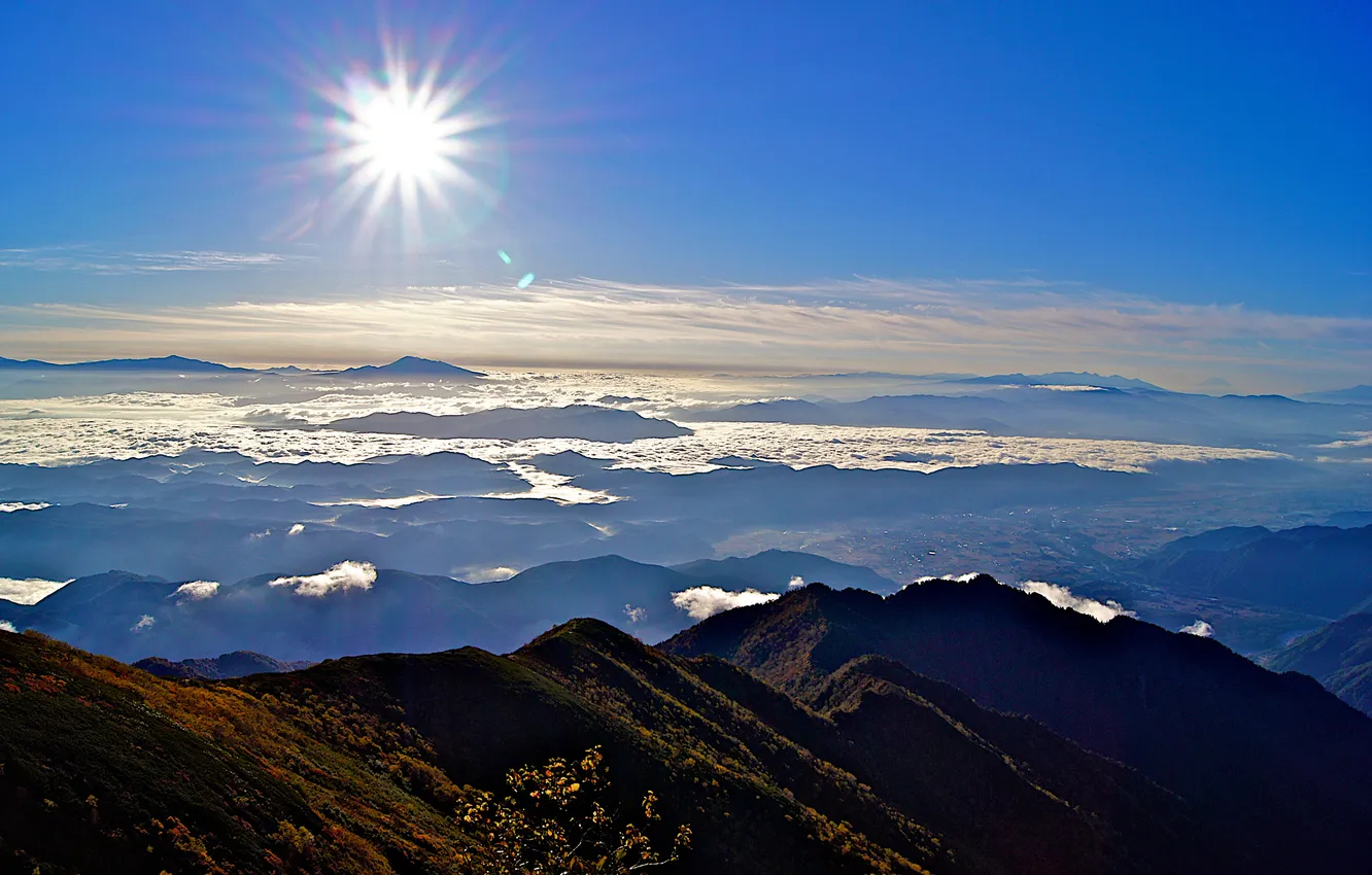 Photo wallpaper the sun, clouds, mountains