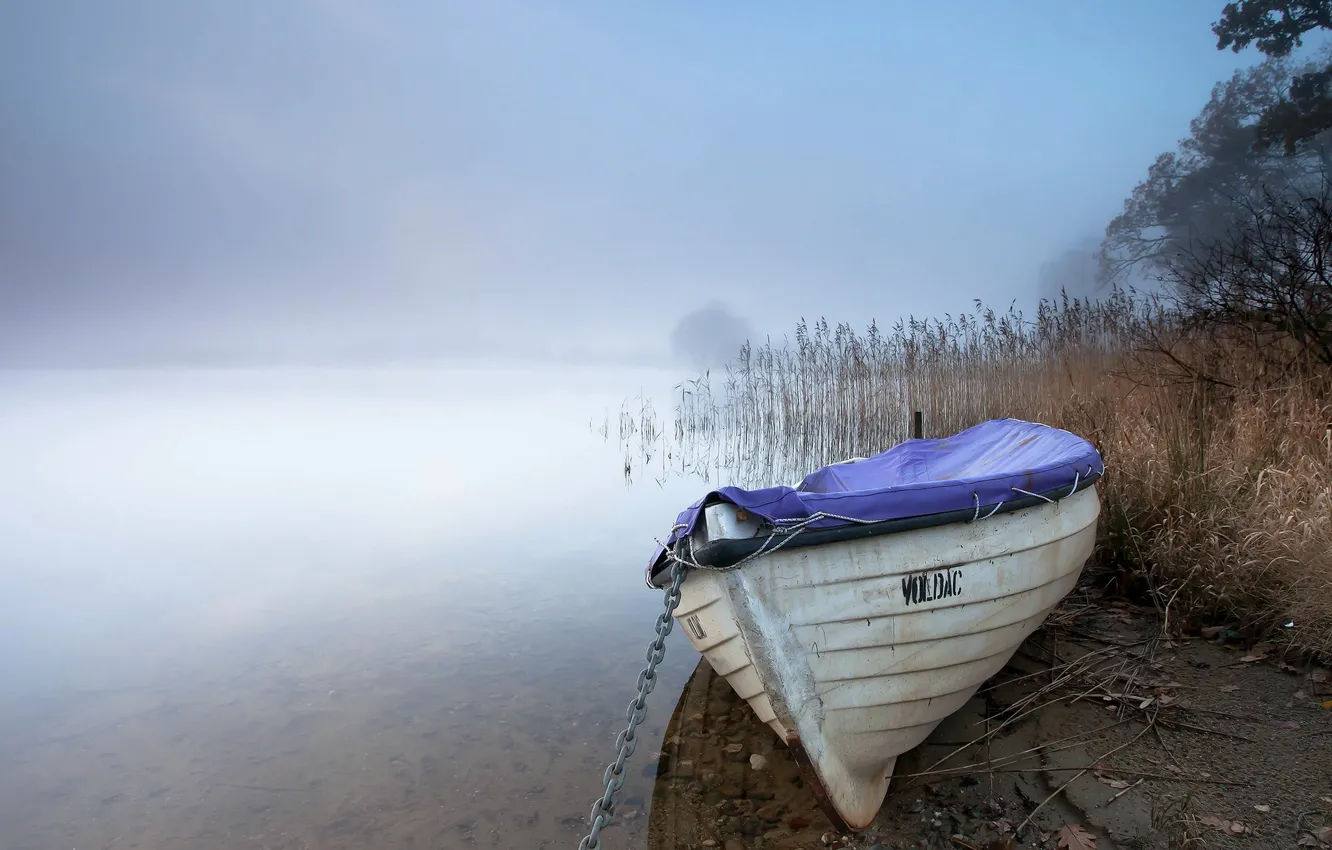 Photo wallpaper landscape, fog, lake, boat