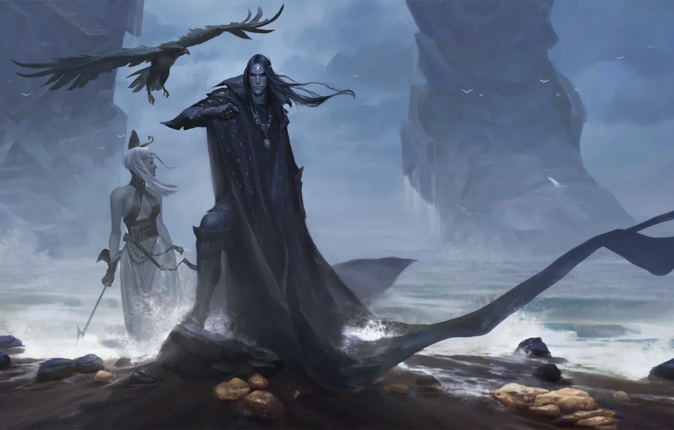 Photo wallpaper sea, feet, shore, woman, God, giant, male, Raven