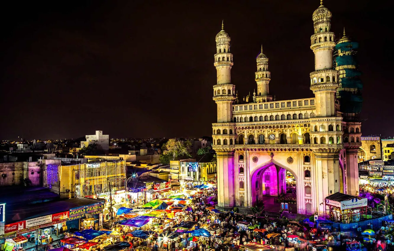 Photo wallpaper India, Hyderabad, lights, Bazaar, market, night, Charminar