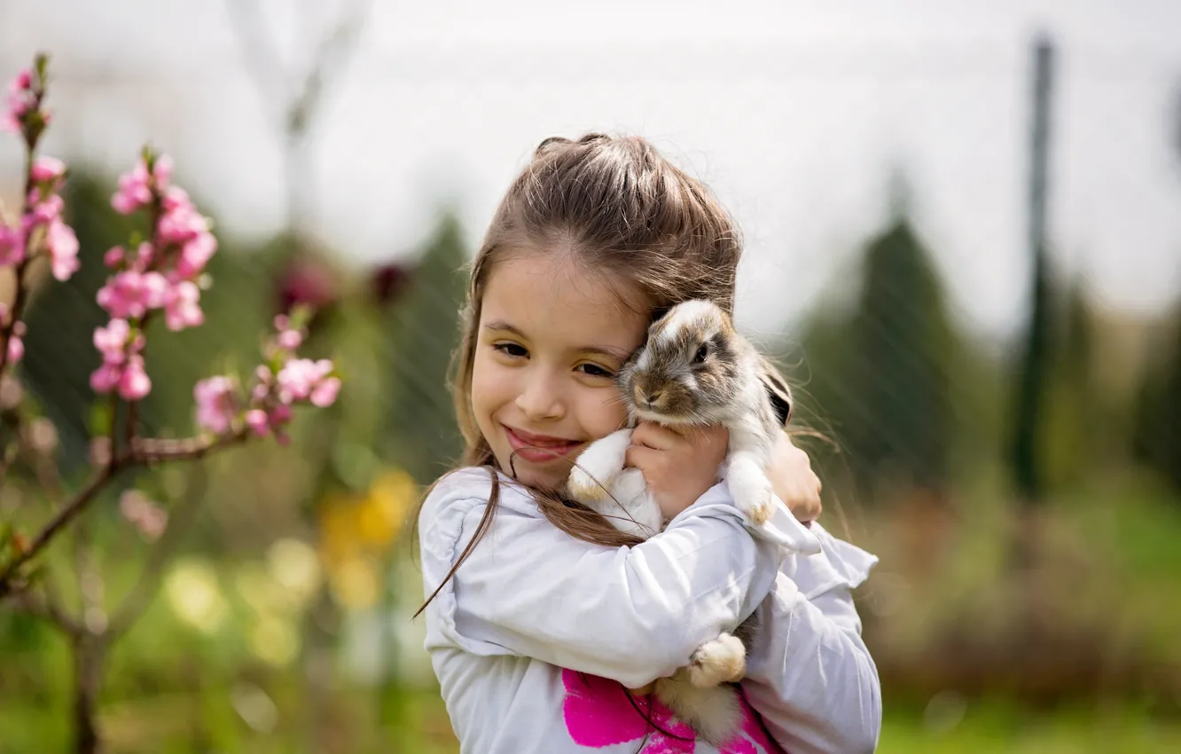 Photo wallpaper trees, flowers, branches, children, pose, smile, grey, spring