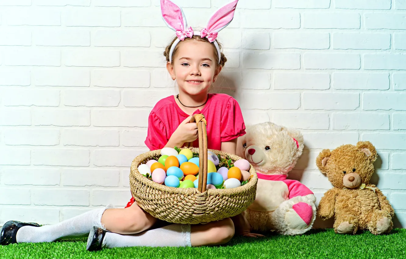 Photo wallpaper eggs, Easter, girl, basket