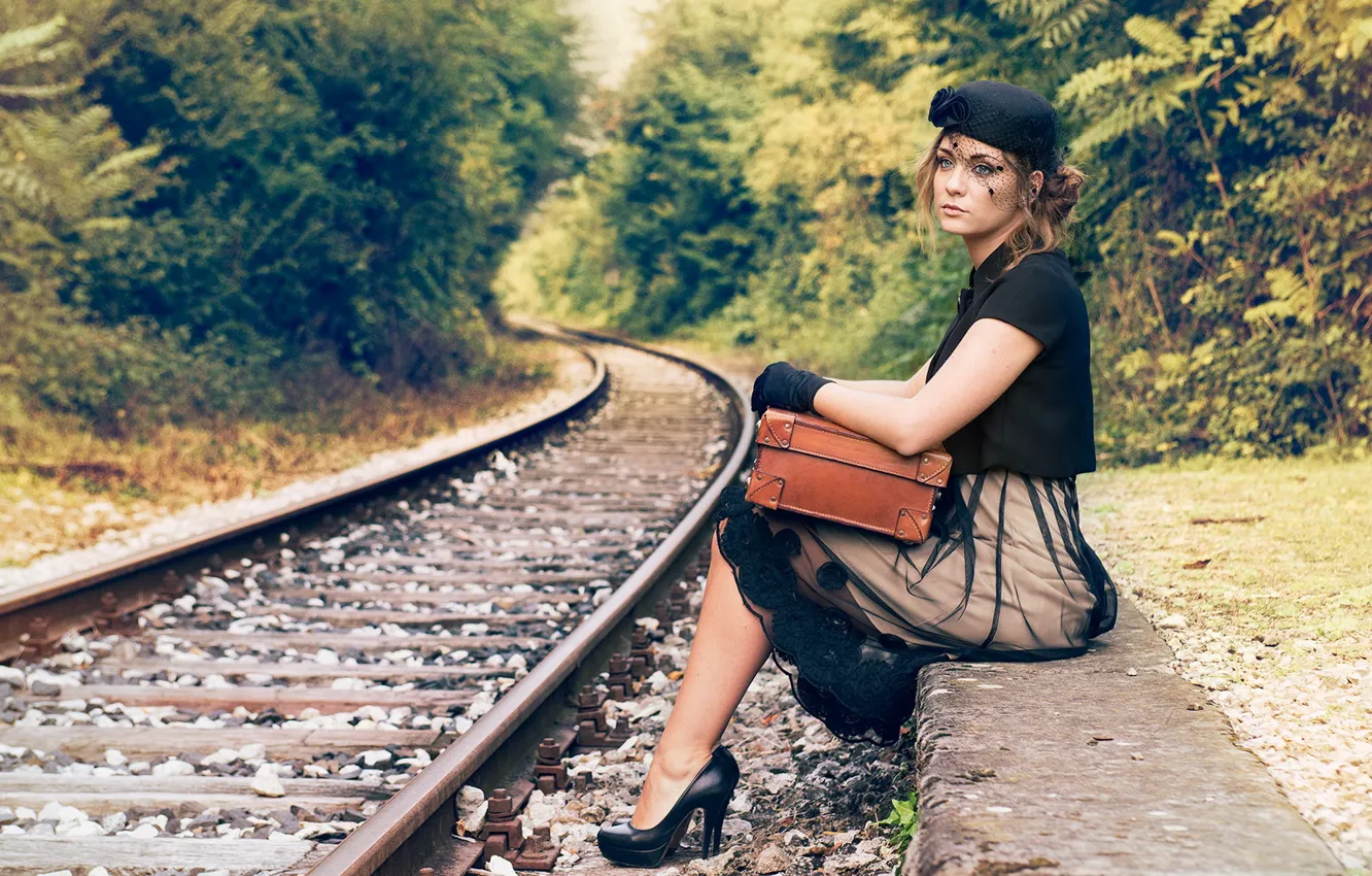 Photo wallpaper girl, railroad, suitcase
