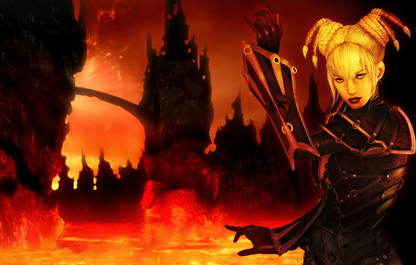 Photo wallpaper girl, bridge, the city, lights, fire, tower, lava, MAG