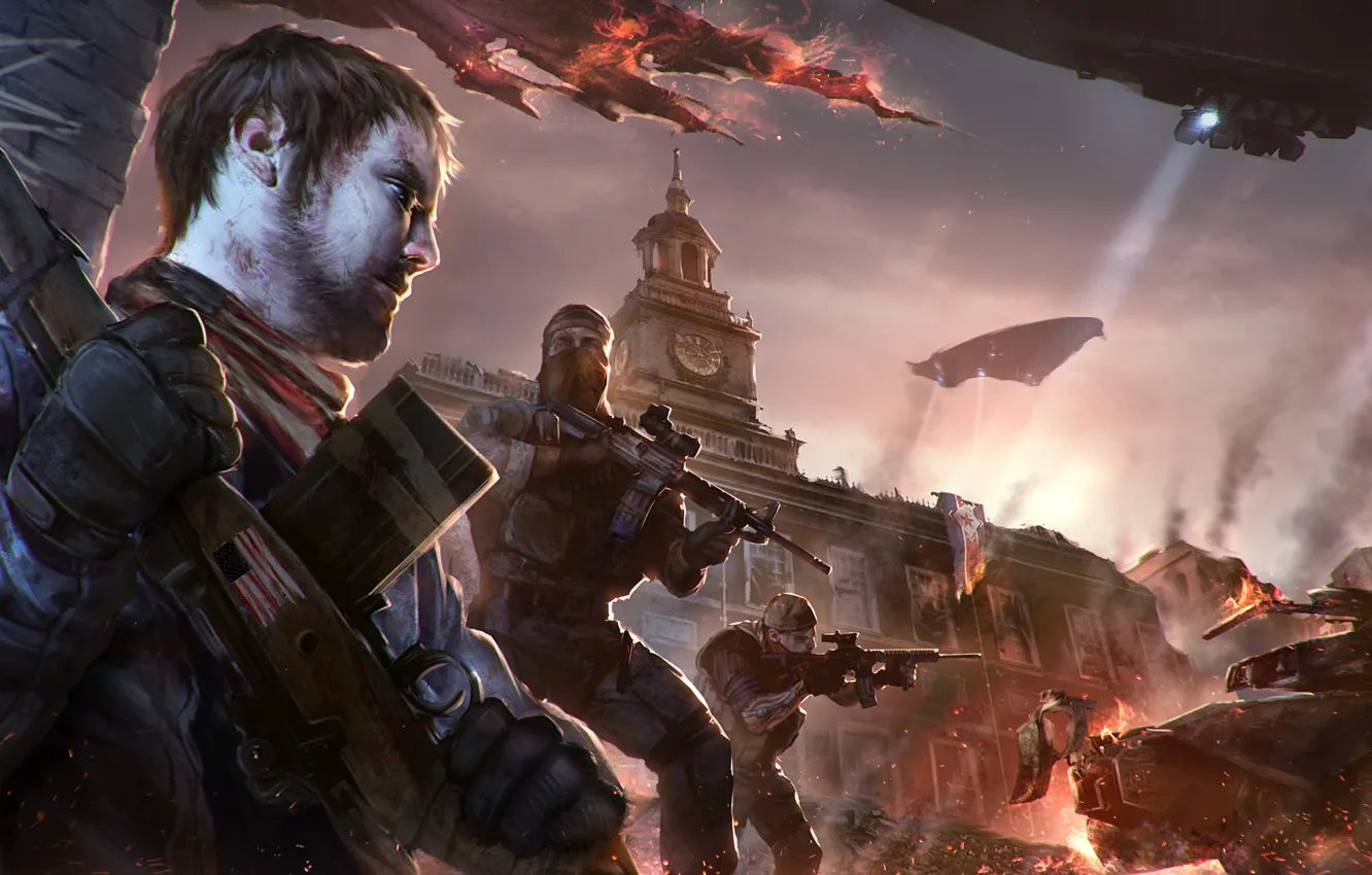 Photo wallpaper the city, war, art, soldiers, destruction, the airship, Homefront: The Revolution