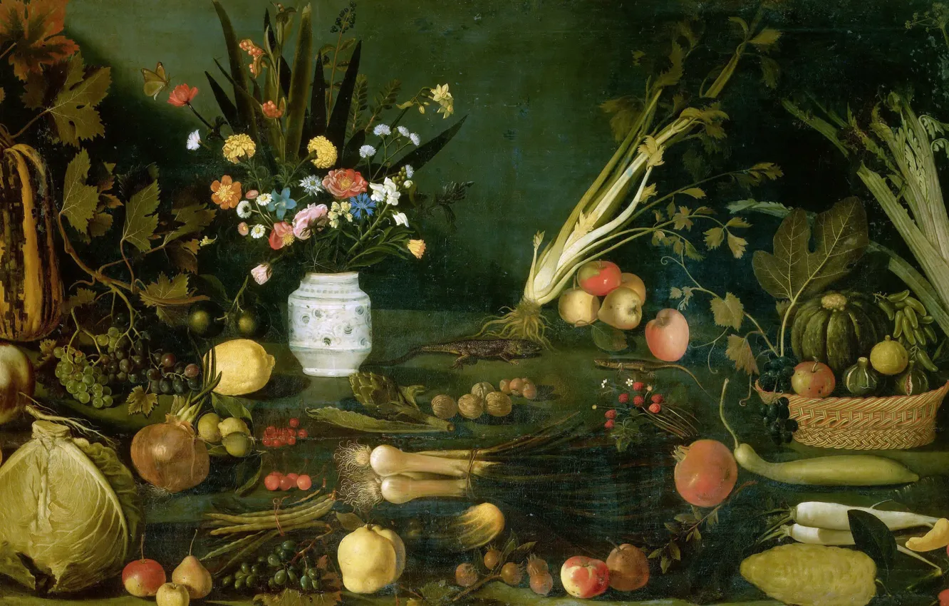 Photo wallpaper picture, Michelangelo Merisi da Caravaggio, Still life with Flowers Vegetables and Fruits