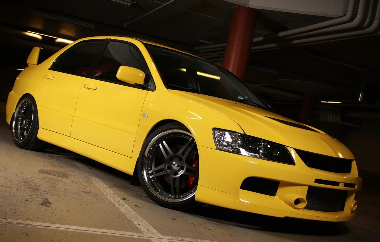 Photo wallpaper yellow, mitsubishi, lancer, evolution, evo 8