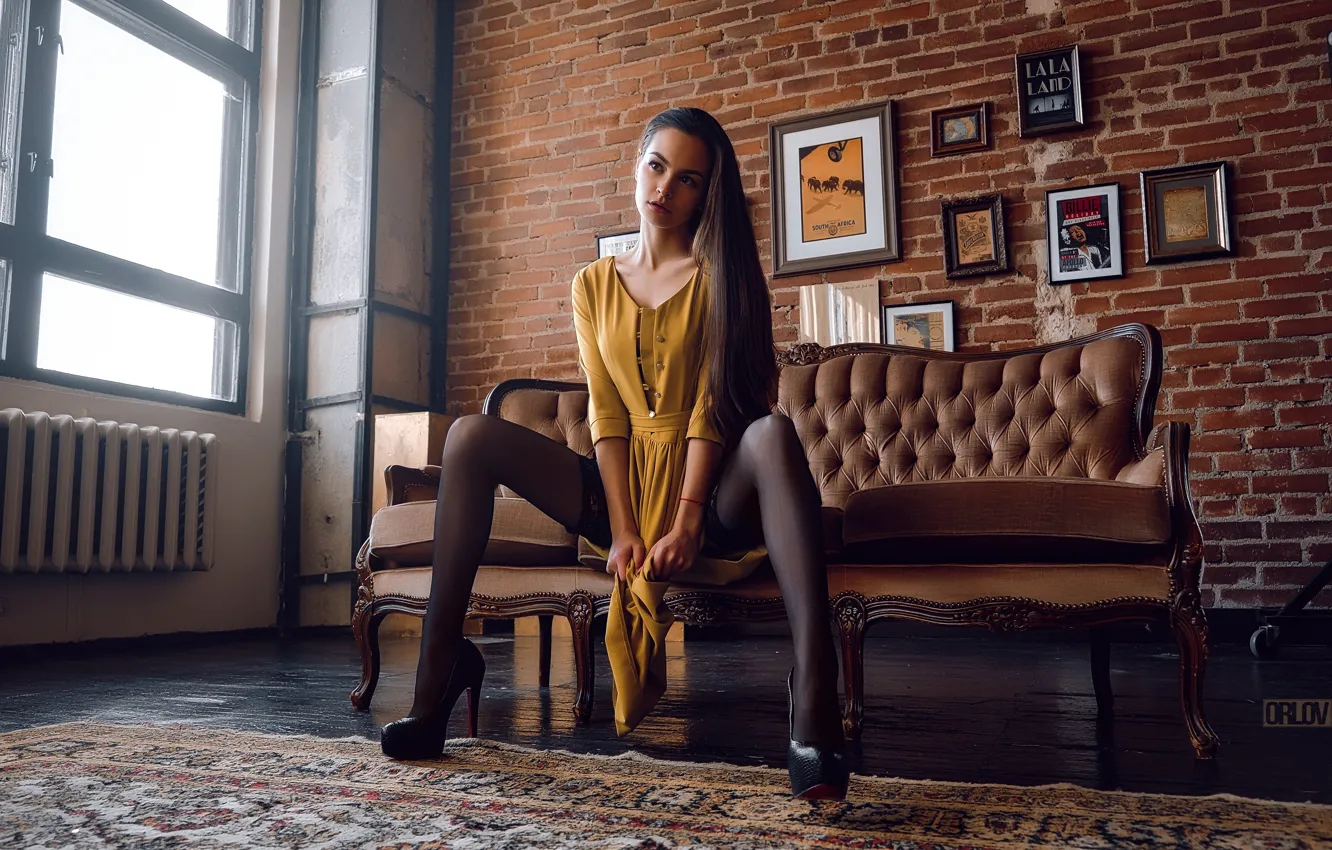 Photo wallpaper girl, pose, sofa, wall, feet, stockings, dress, window