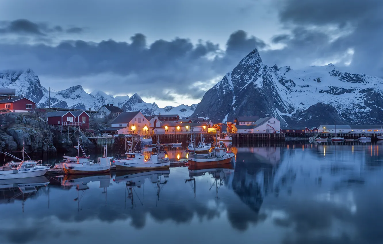 Photo wallpaper winter, the sky, clouds, snow, mountains, lights, reflection, boat