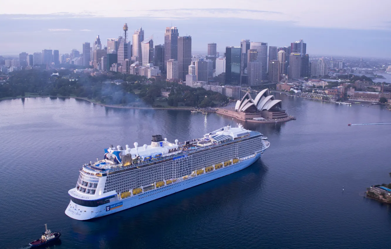 Photo wallpaper The city, Liner, Sydney, The ship, Passenger, Passenger liner, Tug, Ovation of the Seas