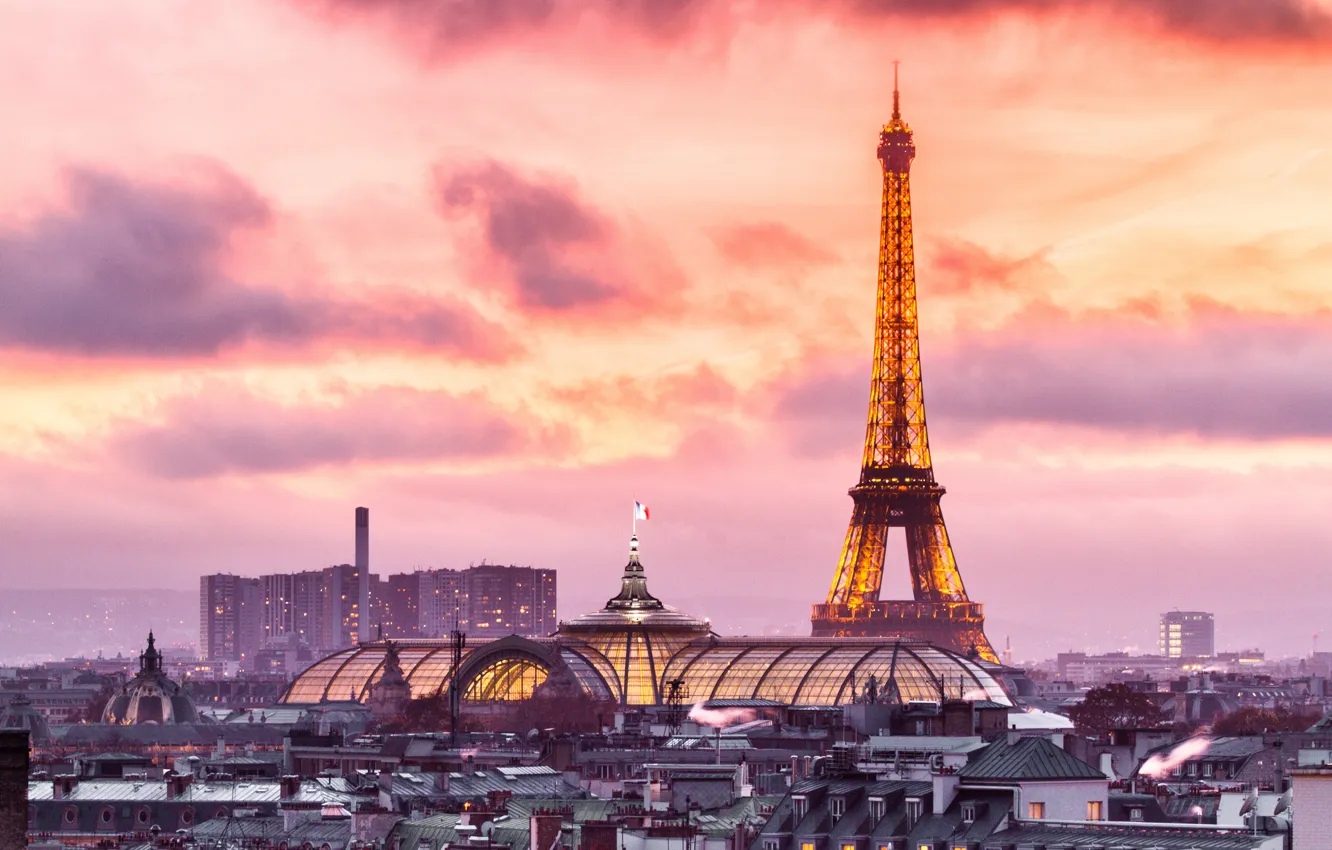 Photo wallpaper sunset, France, Paris, building, home, roof, Eiffel tower, Paris