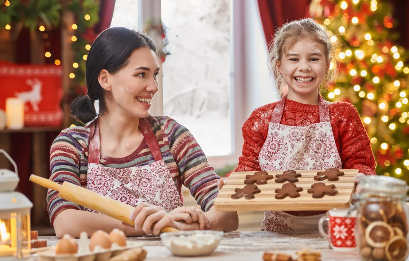 Photo wallpaper holiday, new year, mom, fun, daughter