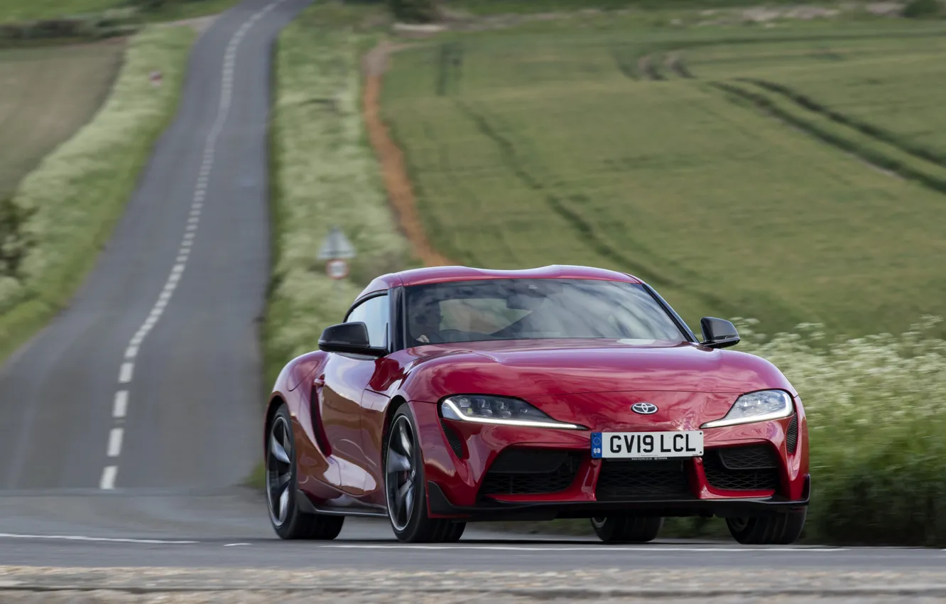 Photo wallpaper road, field, red, movement, coupe, turn, Toyota, Supra
