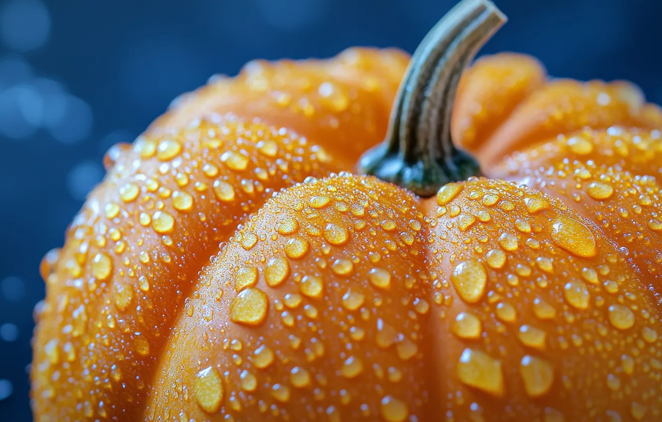 Photo wallpaper drops, macro, close-up, pumpkin, Halloween, Halloween, blue background, water drops