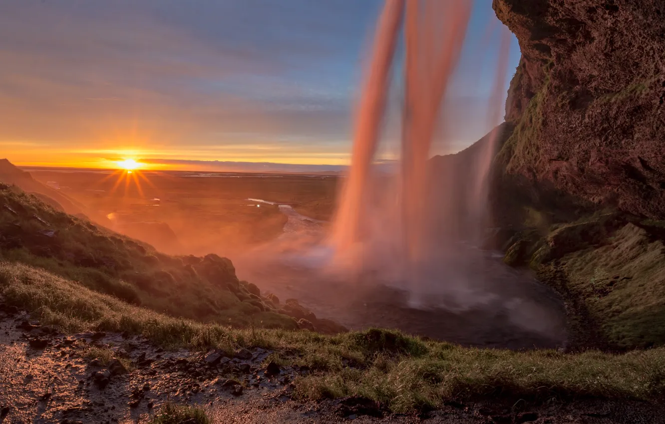 Photo wallpaper the sun, rocks, waterfall, stream