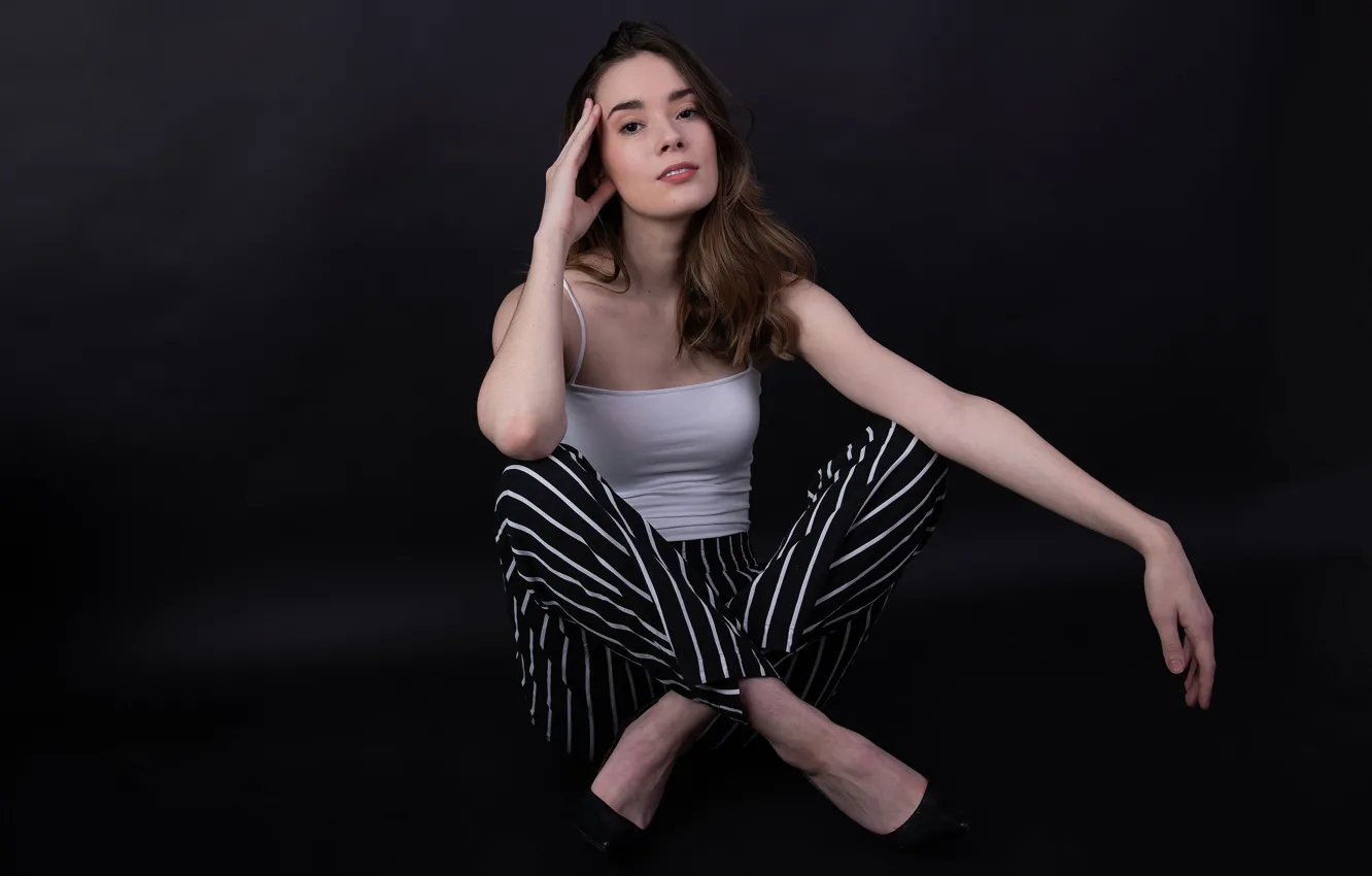 Photo wallpaper smile, the dark background, smile, white top, beautiful woman, dark background, beautiful woman, Catherine Breton