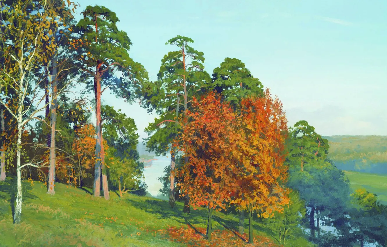 Photo wallpaper trees, lake, glade, oil, canvas, the beginning of autumn, Andrey GERASIMOV