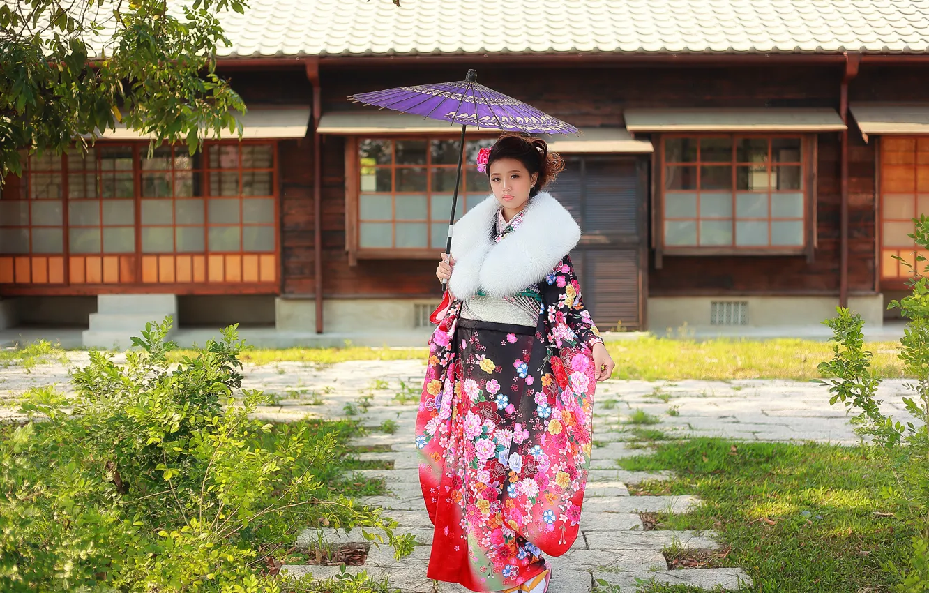 Photo wallpaper face, umbrella, clothing, kimono, Asian