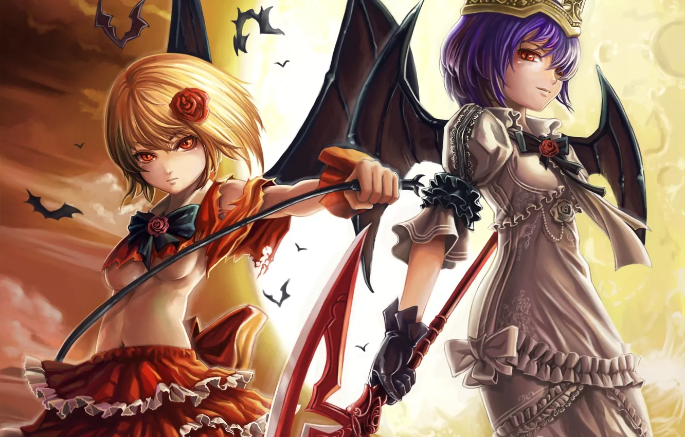 Photo wallpaper girl, the moon, wings, crown, art, bats, red eyes, demoness