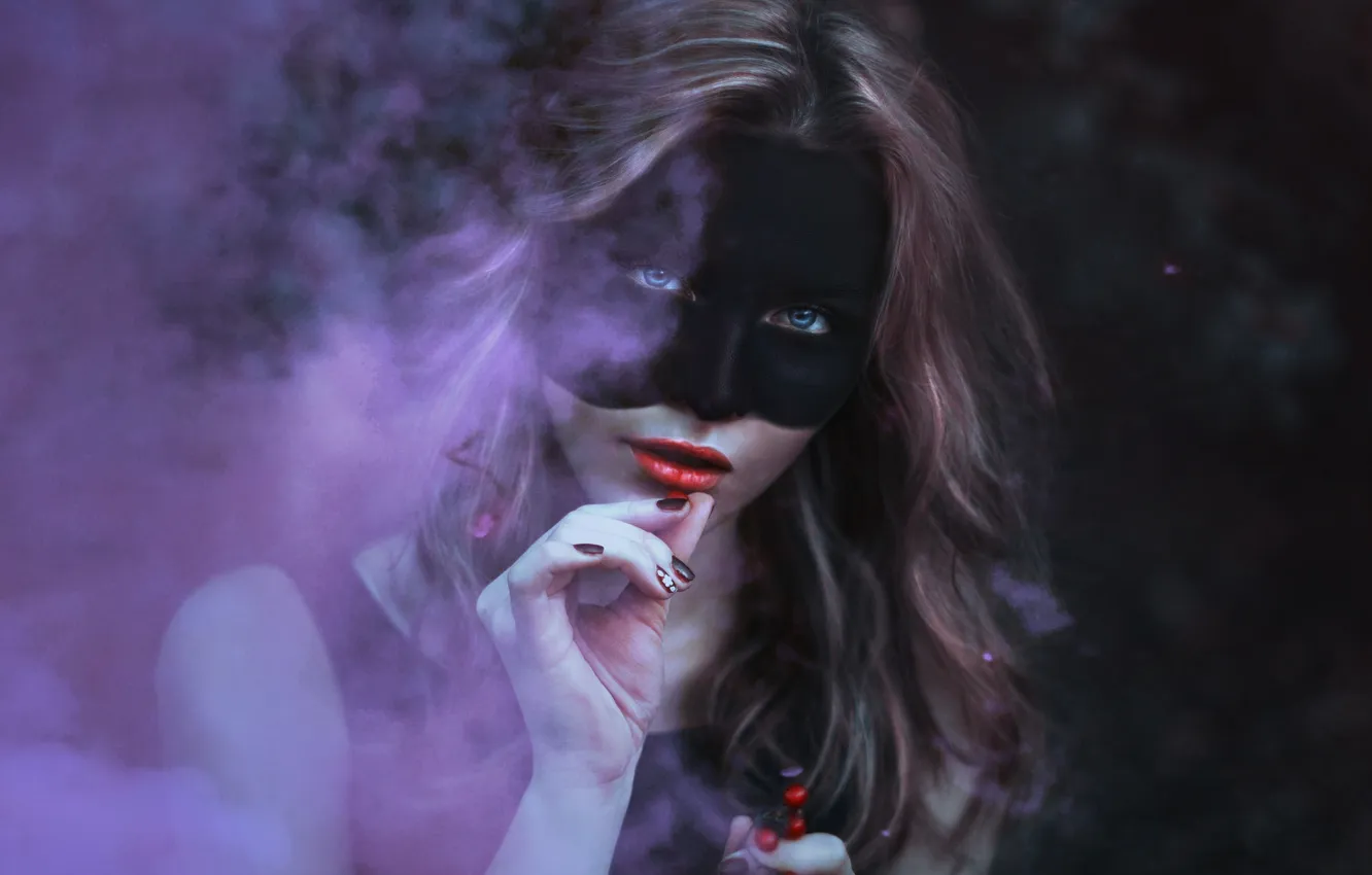 Photo wallpaper girl, berries, smoke, mask, blue-eyed