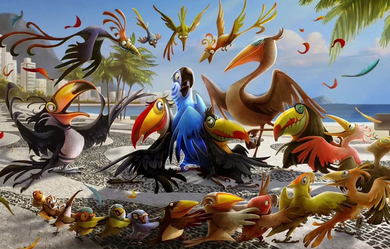 Photo wallpaper sea, beach, joy, mood, cartoon, bird, dance, Rio