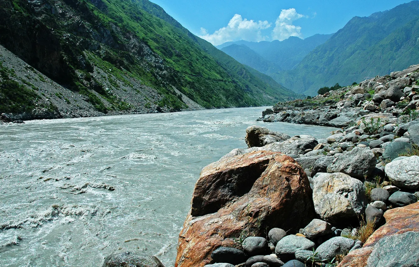 Photo wallpaper river, water, mountains, rocks