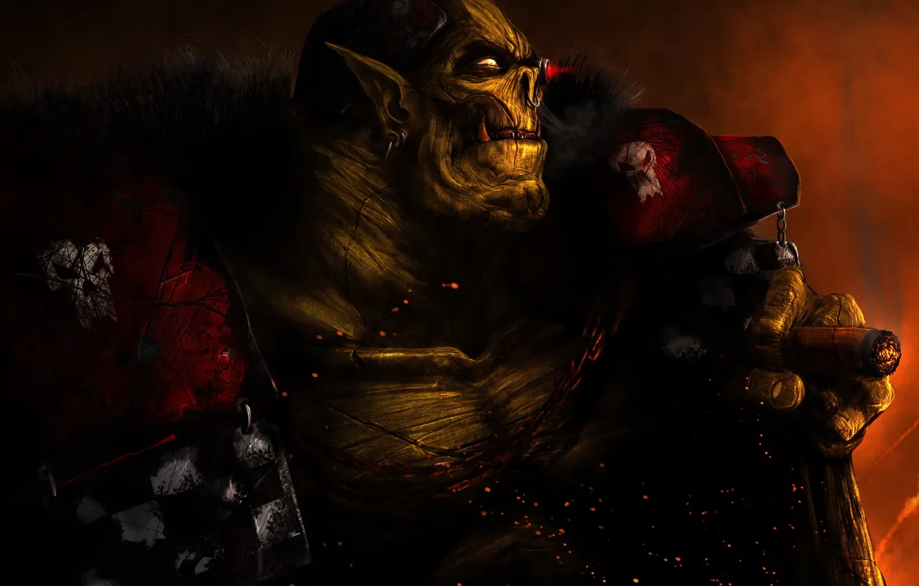 Photo wallpaper green, ash, armor, cigar, fangs, Warhammer, smokes, Orc