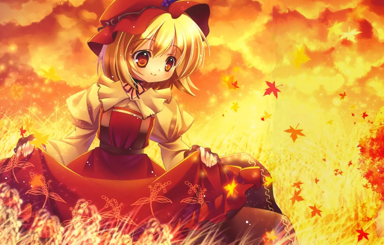 Photo wallpaper autumn, leaves, anime, girl, falling leaves