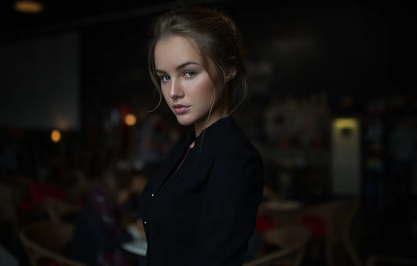 Photo wallpaper look, girl, model, portrait, hairstyle, cafe, shirt, brown hair