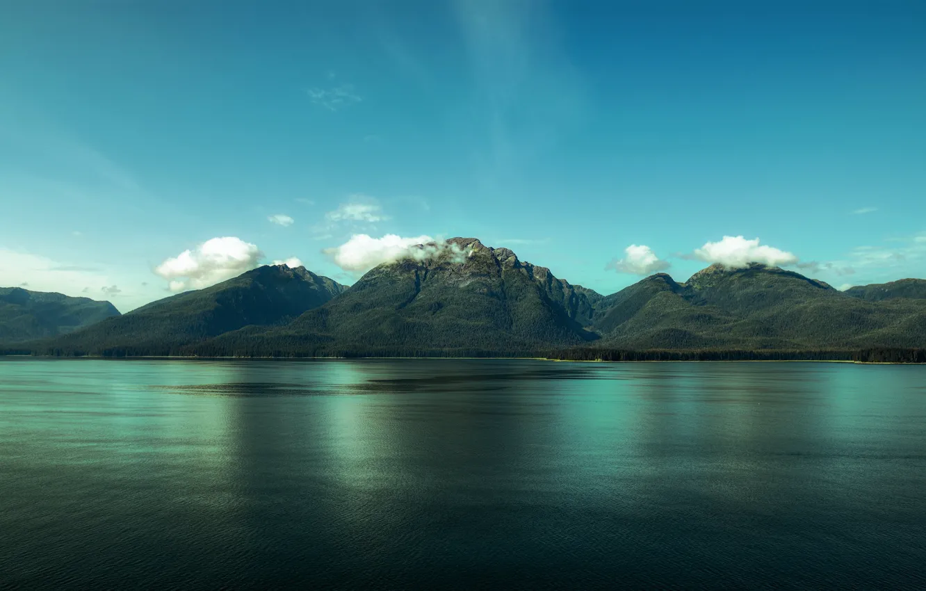 Photo wallpaper forest, the sky, clouds, mountains, green, lake, blue, hills