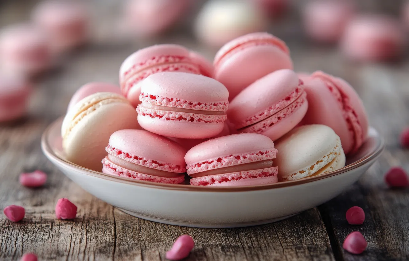Photo wallpaper cookies, pink, cake, bowl, macaroon, AI art, neural network