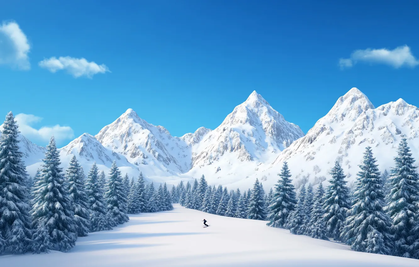 Photo wallpaper herringbone, Skiing, neural network, slope, the snow, mountains, AI art, winter