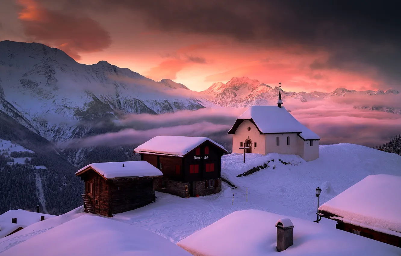 Photo wallpaper winter, clouds, snow, landscape, mountains, nature, dawn, home