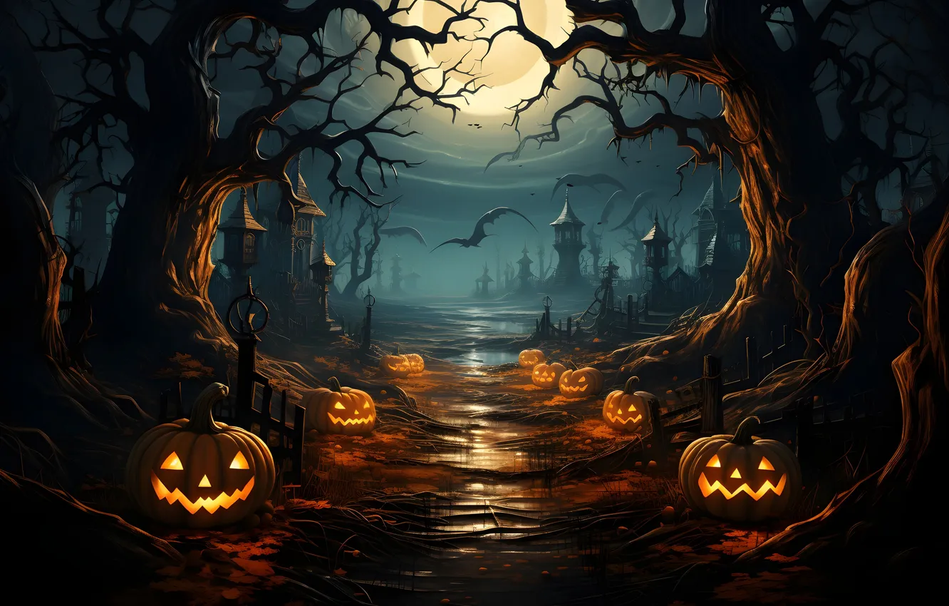 Photo wallpaper road, trees, night, clouds, lights, the moon, home, lights