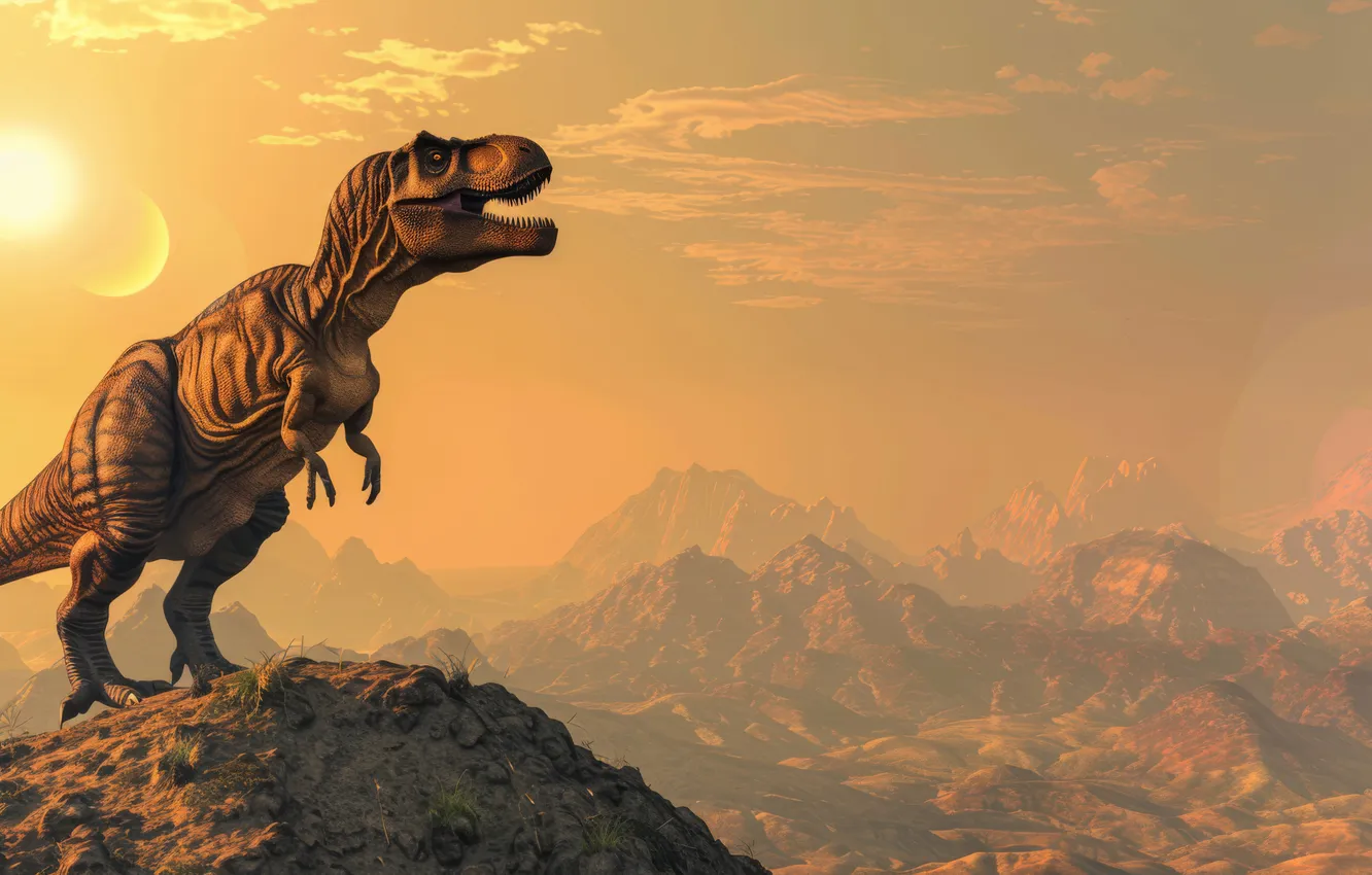Photo wallpaper landscape, mountains, animal, dawn, dinosaur, predator, Tyrannosaurus, digital art