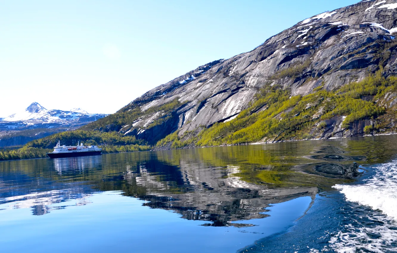 Photo wallpaper water, mountains, lake, boat