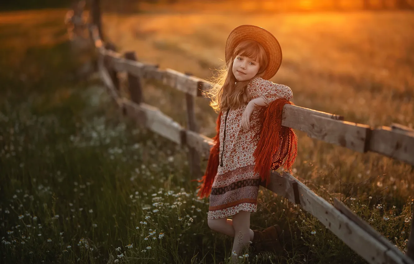 Photo wallpaper field, sunset, nature, the fence, the evening, hat, the fence, girl