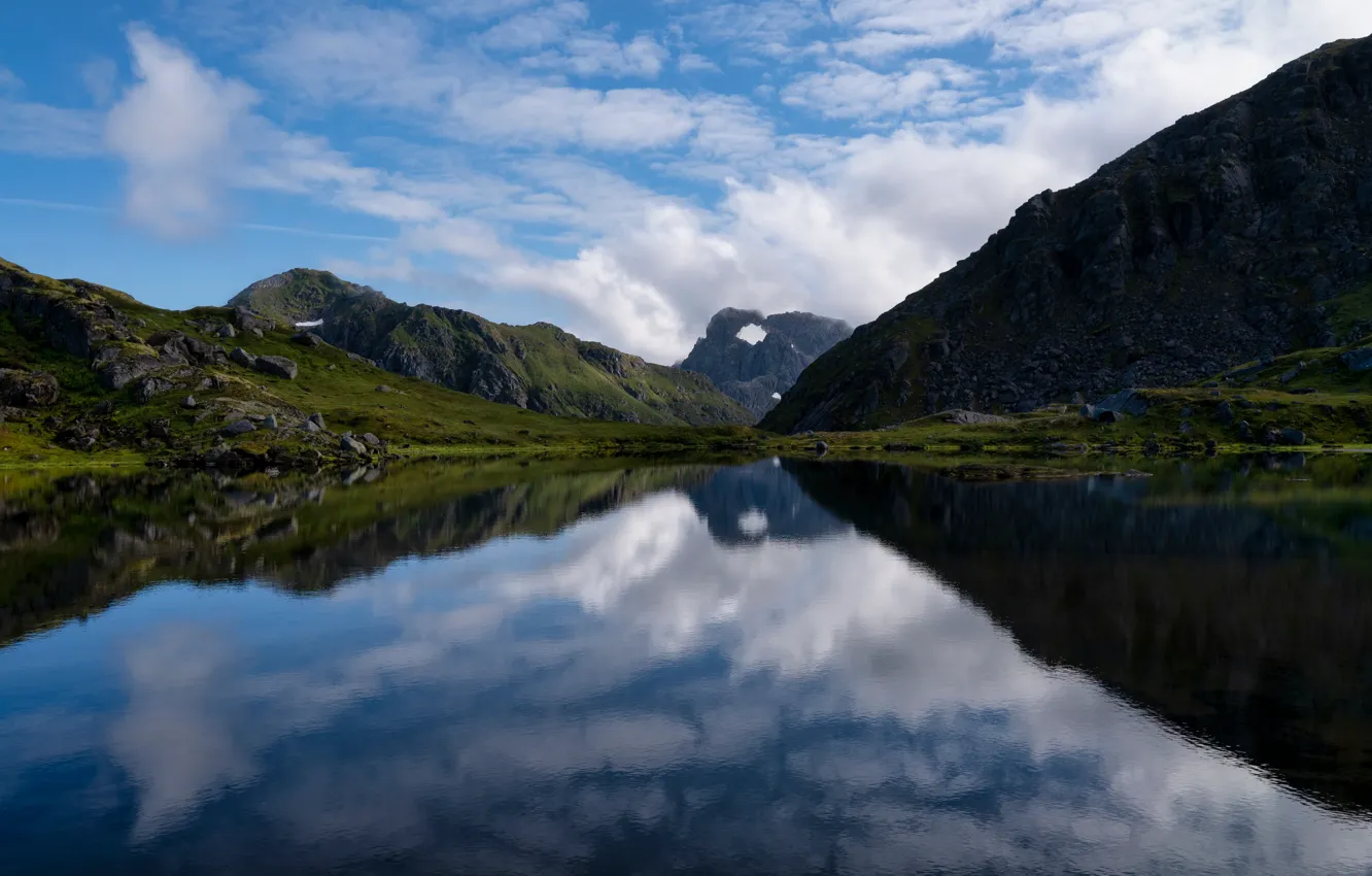 Photo wallpaper mountains, lake, Norway, Lofoten