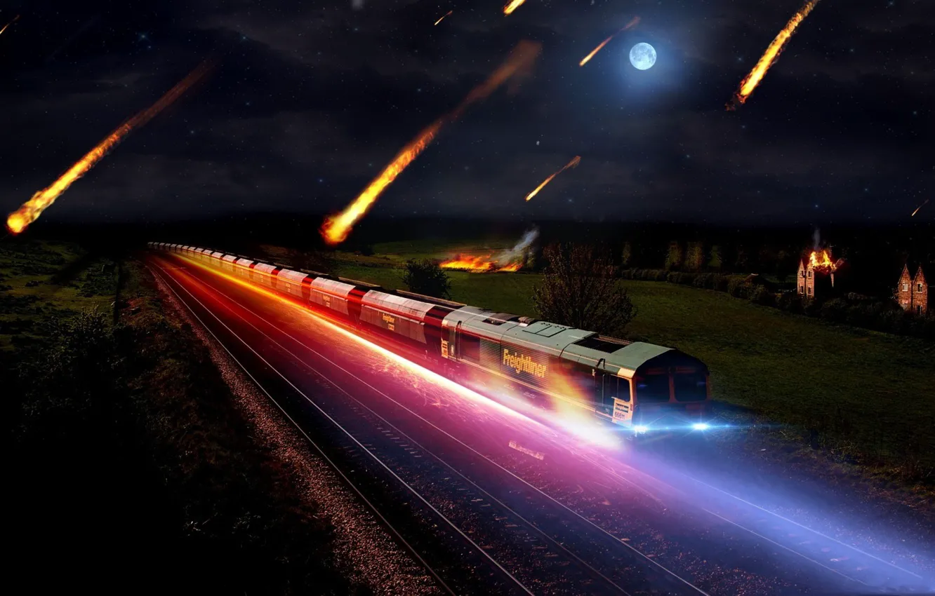 Photo wallpaper night, lights, lights, train, meteorites