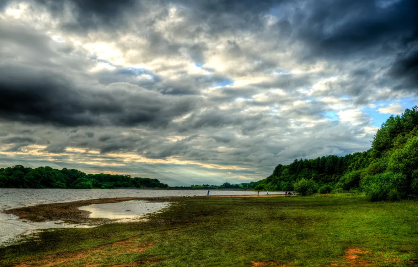 Photo wallpaper the sky, grass, clouds, nature, river, England, Douglas, Horwich
