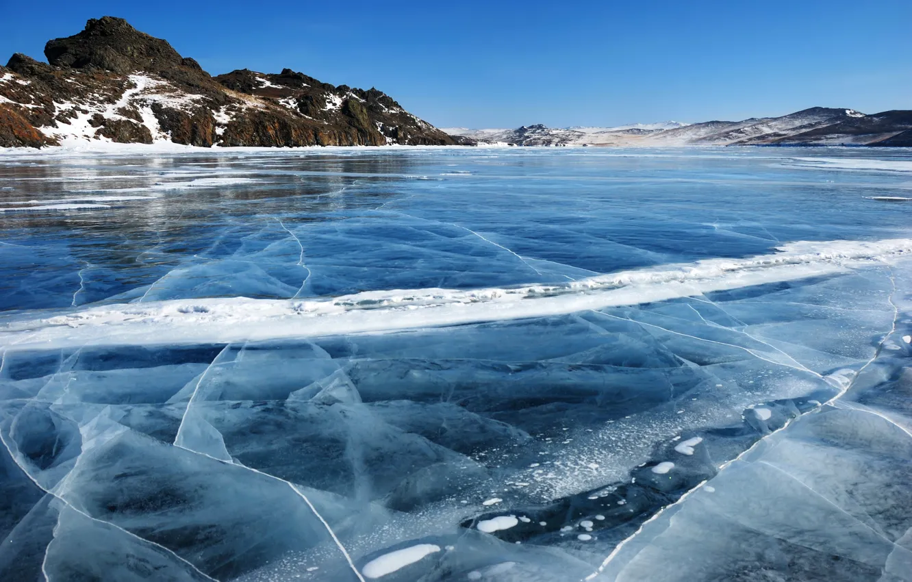 Photo wallpaper ice, winter, snow, lake, shore, Baikal, Russia, Baikal