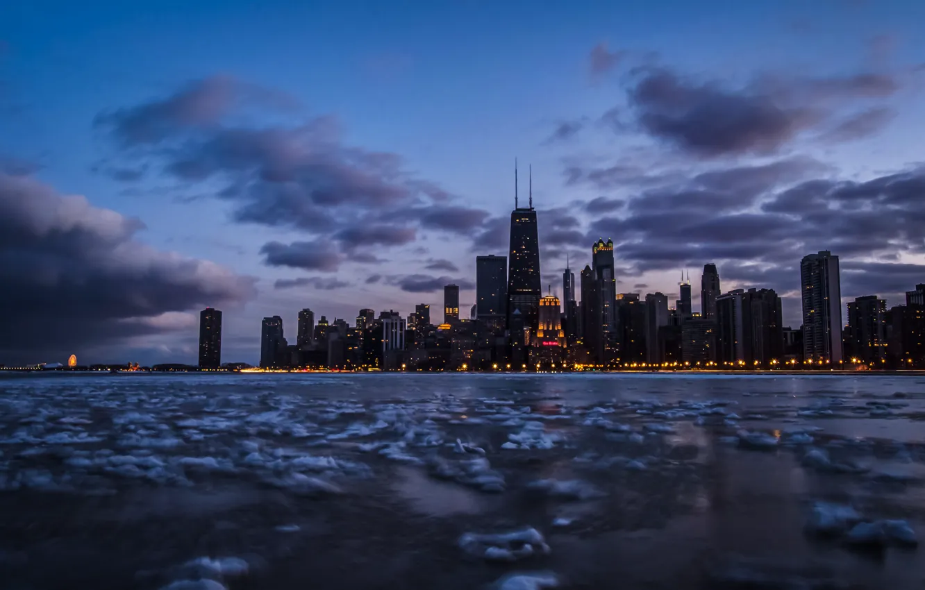 Photo wallpaper the sky, clouds, lake, Chicago, twilight, Il, frozen, lake Michigan